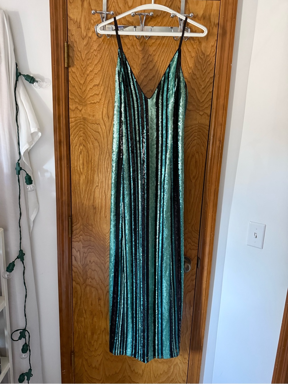 Teal and Black Striped Sequined Slip Prom Dress